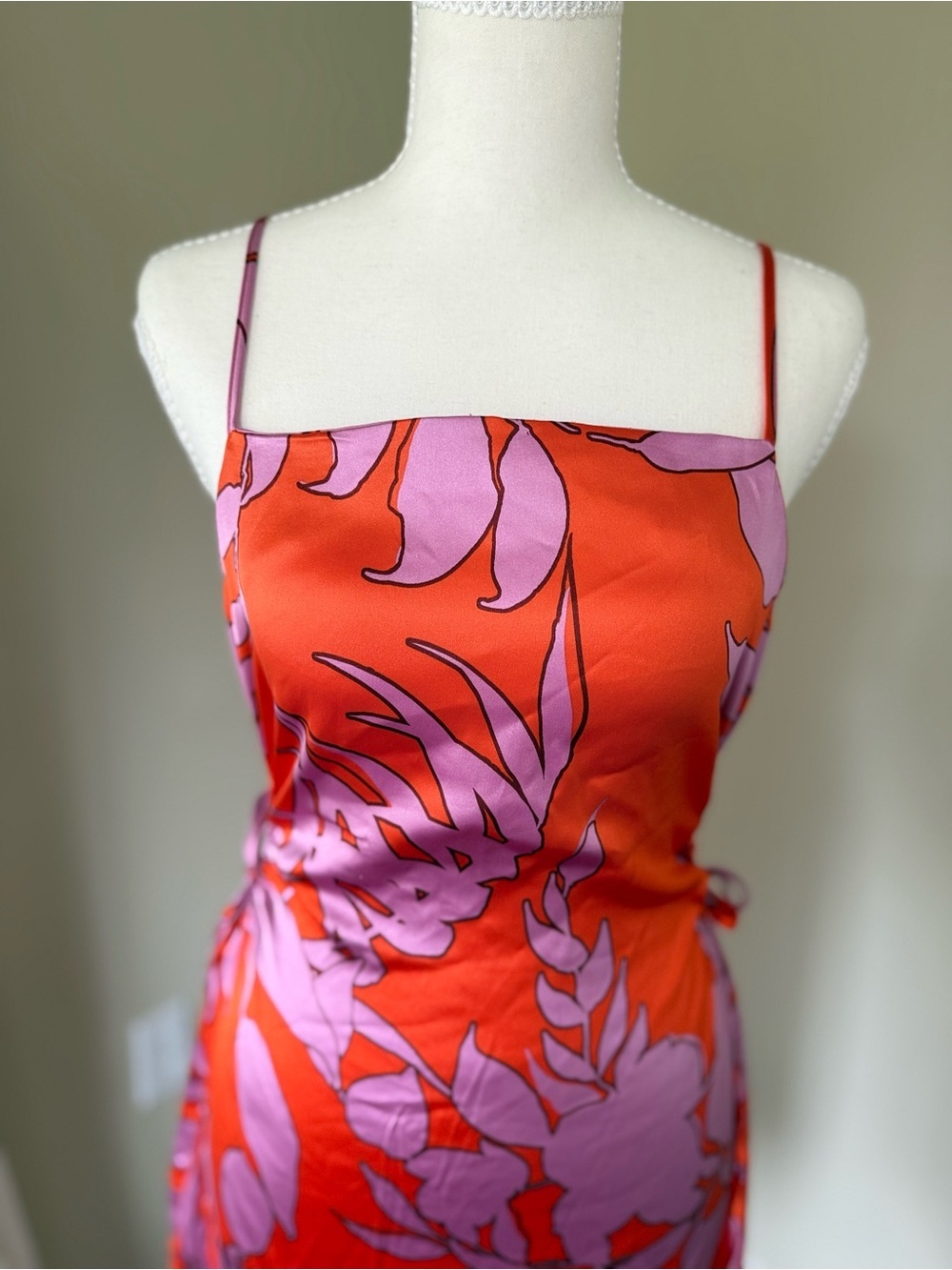 Christian Lacroix Red Lilac Floral Slip Midi Dress Cut Out Detail Tie Waist M